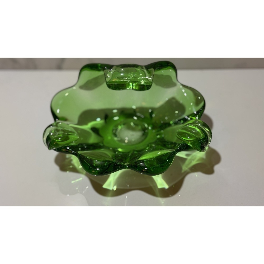 Vintage Emerald Green Hand Blown Glass Ashtray